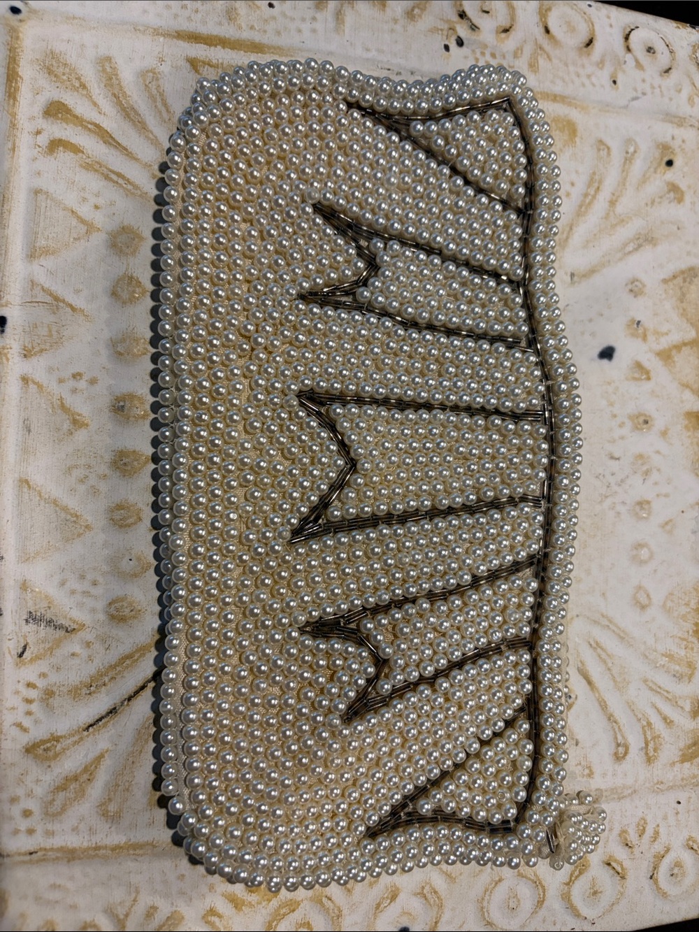 vintage Japanese hand-beaded faux pearl clutch, length 9”